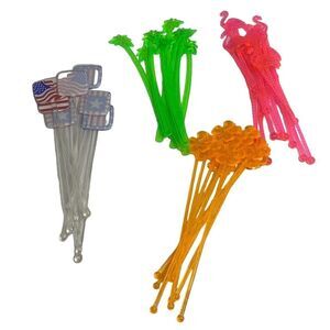 #7111 VTG Stir Sticks 10 Palm Tree, 7 Flag  10Clover 10 Falmingo Plastic